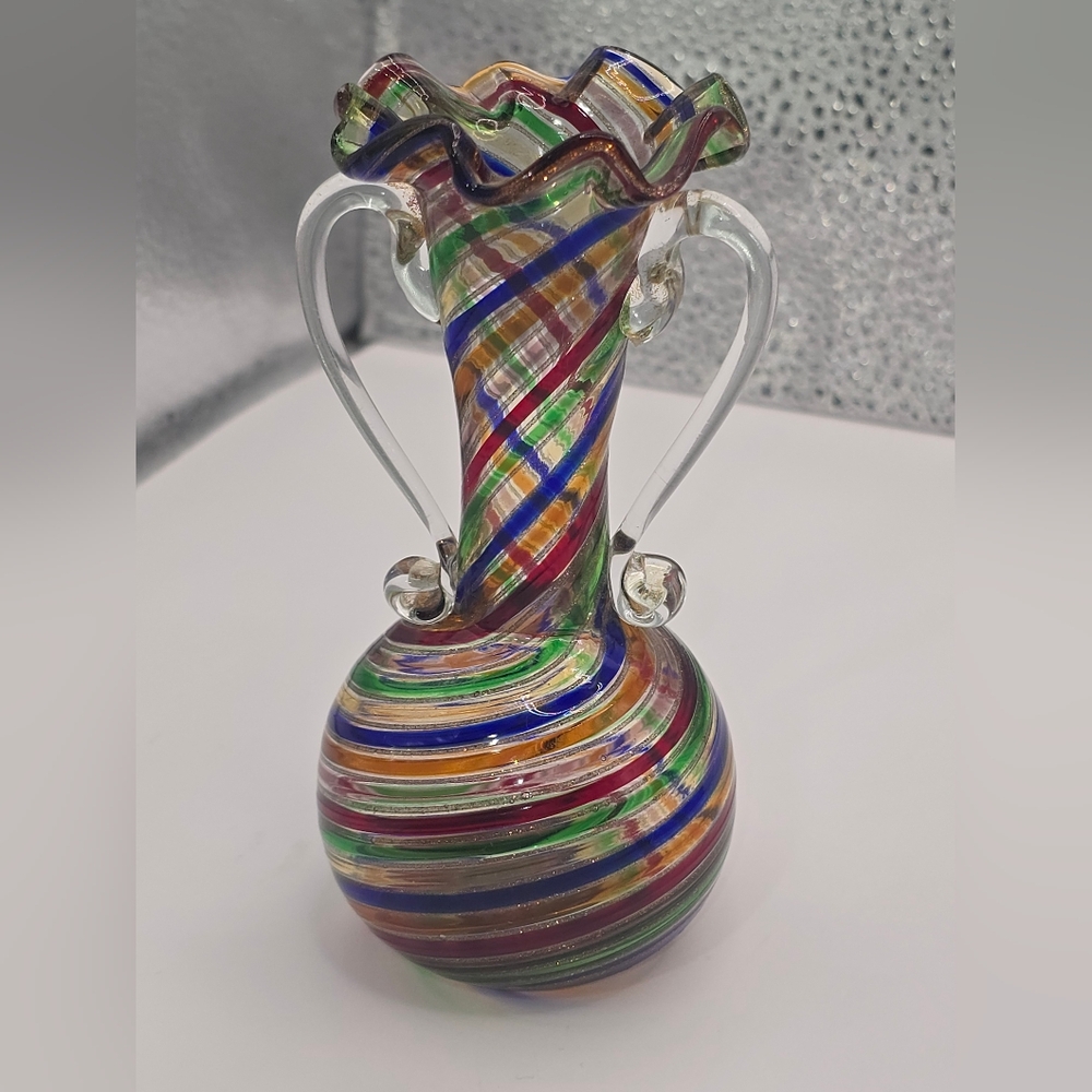 Murano Glass Classic Style Rainbow Fazzoletto Style Mini Vase